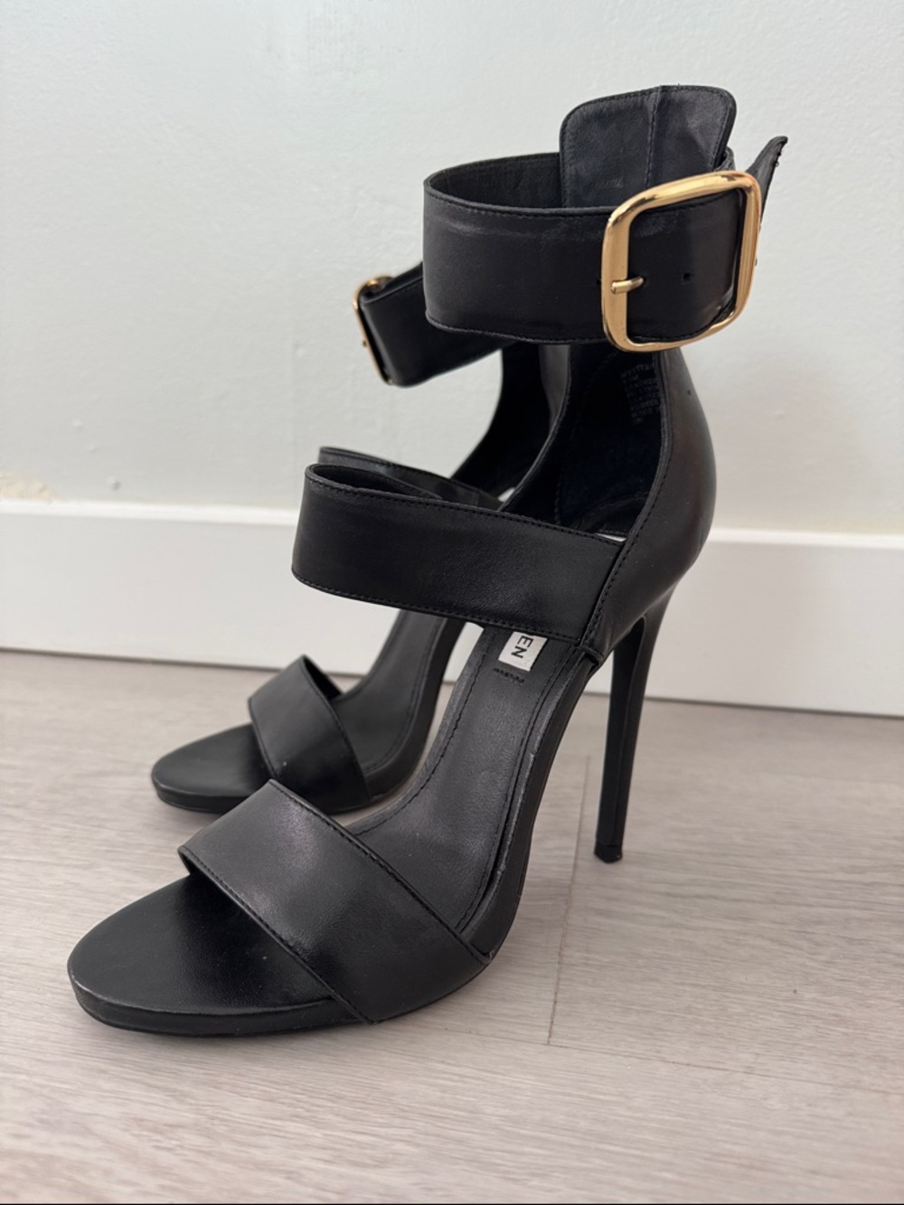 Steve Madden Black Strappy Stiletto Sandals with Gold Buckle